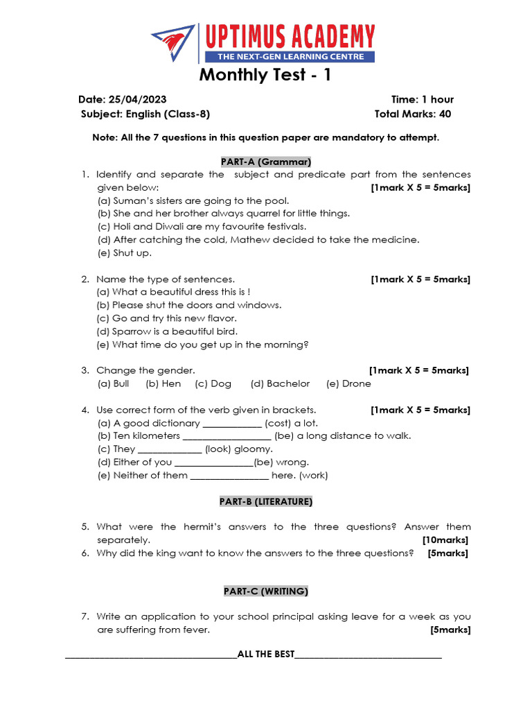 English Class 8 Monthly Test 1 Pdf