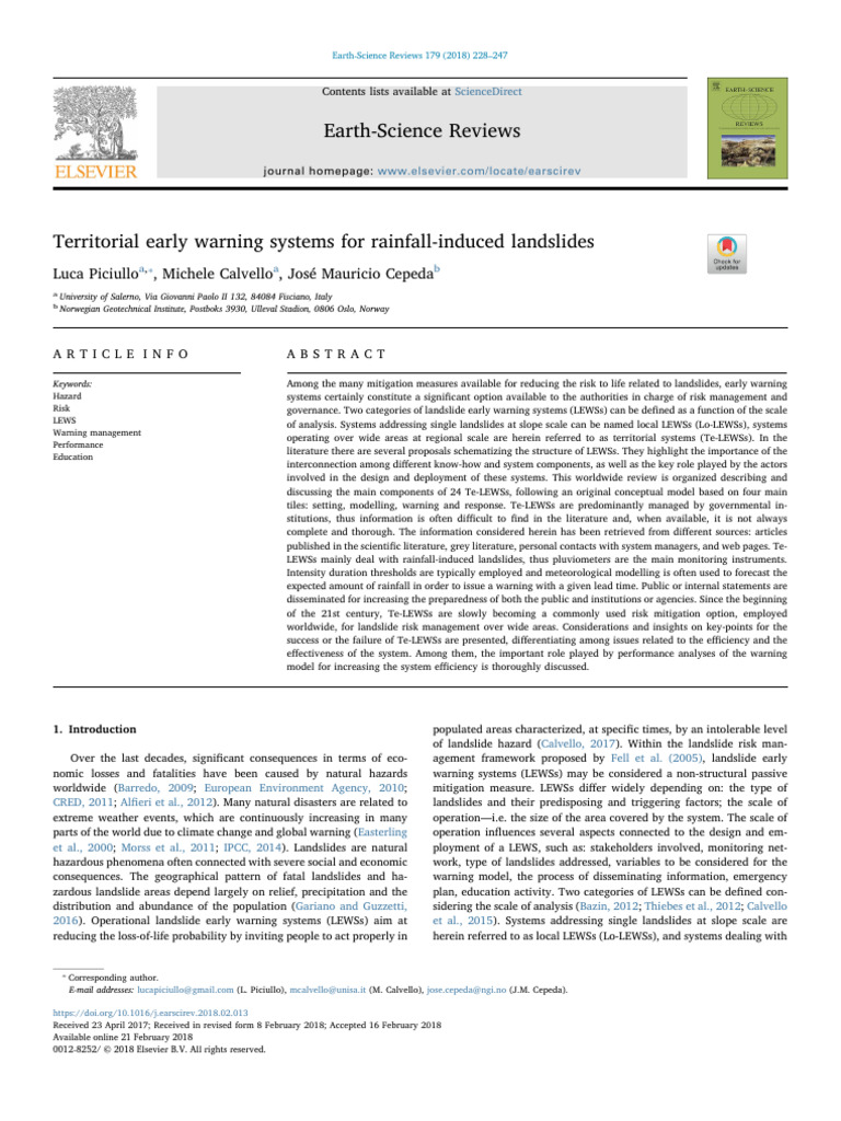 Territorial Early Warning Systems For RainfallInduced Landslides PDF