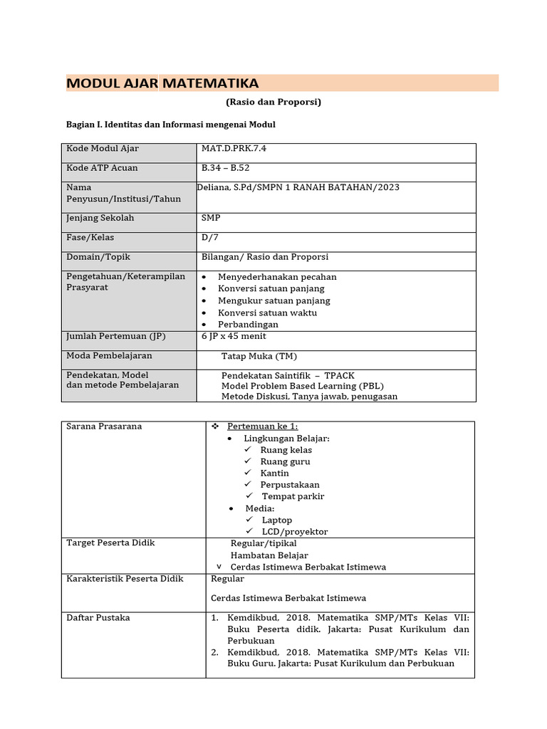 Modul Ajar Rasio dan Proporsi SMP | PDF | Karier & Perkembangan