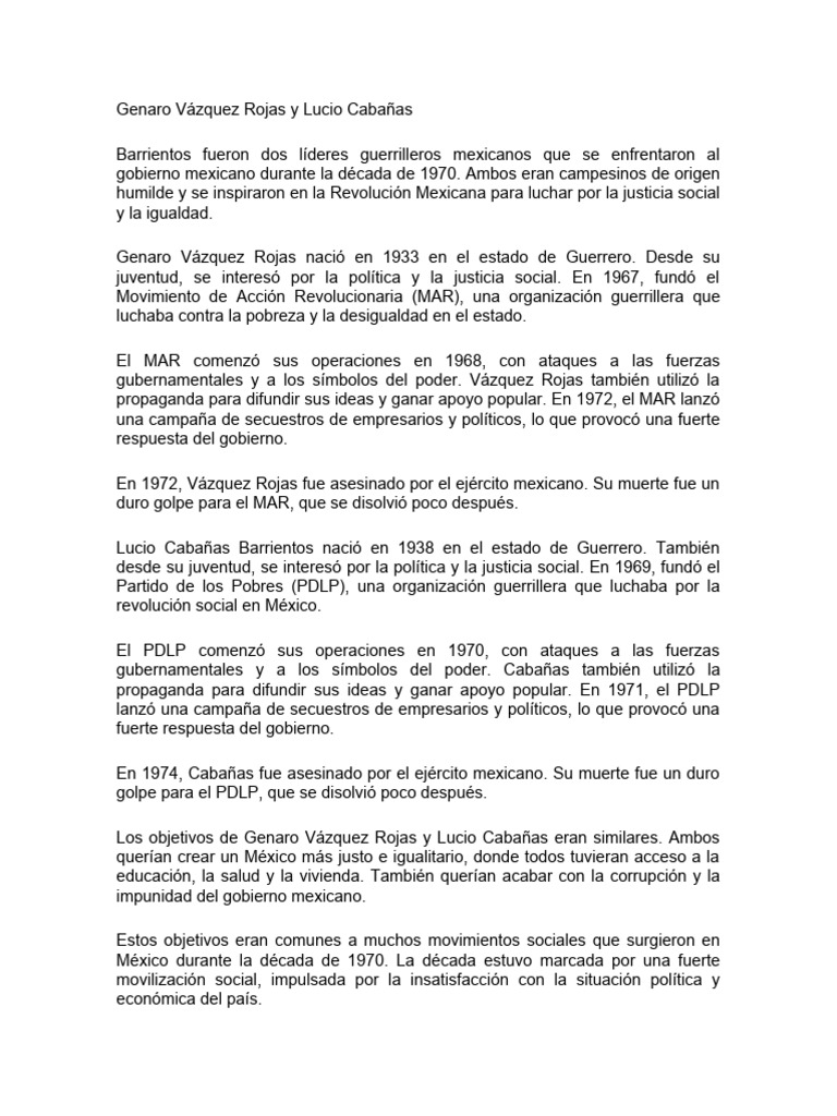 Genaro Vázquez y Lucio Cabañas: Guerrilleros | PDF | Guerra de ...