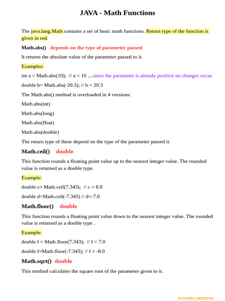 Java - Math Methods | PDF | Parameter (Computer Programming) | Integer ...