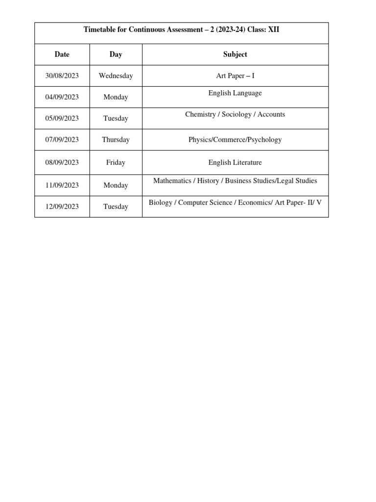 Xii ca 2 time table and portions pdf business