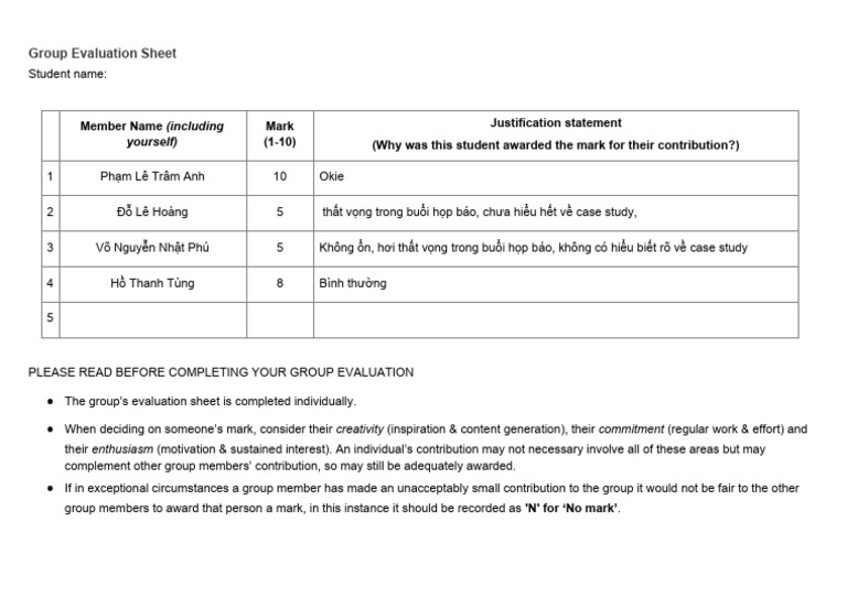 Student Group Evaluation Guide | PDF