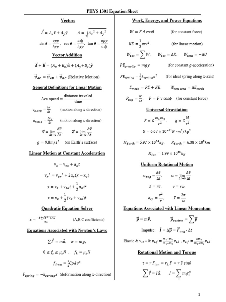 Physics 1301 Equation Sheet | PDF | Force | Waves