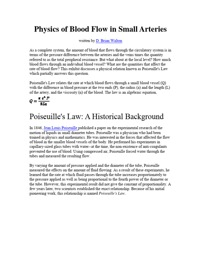 Poiseuille's Law of Blood Flow PDF Fluid Dynamics Fluid Mechanics