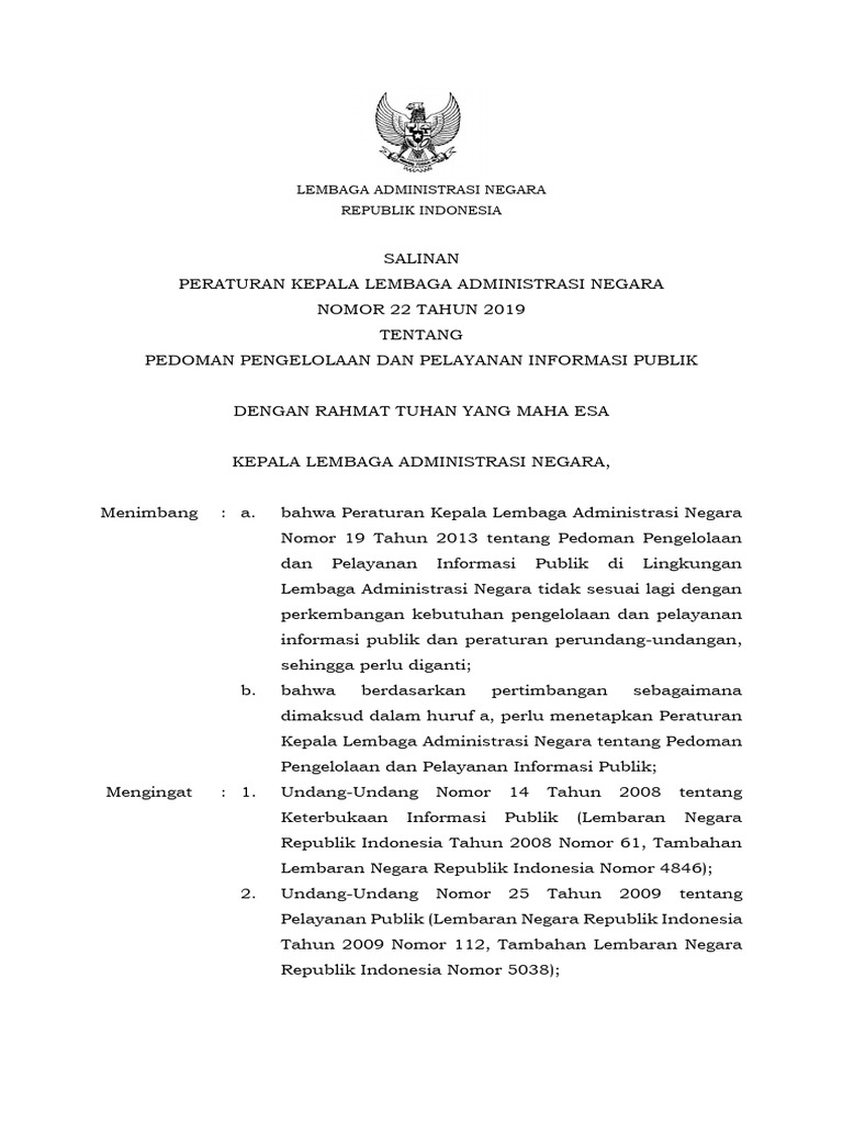 Peraturan Kepala LAN Nomor 22 Tahun 2019 Tentang Pedoman Pengelolaan