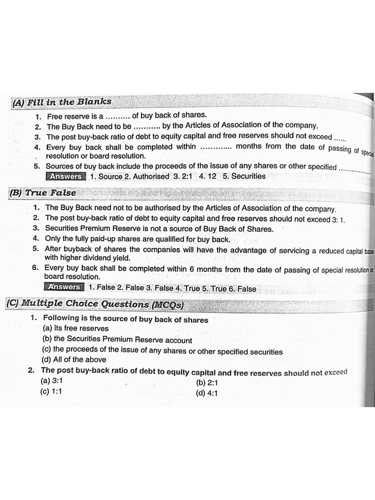 Buyback of shares short questions pdf