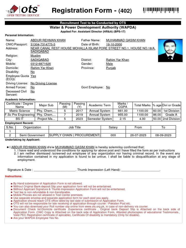 WAPDA Assistant Director HR&A Application | PDF | Banks | Receipt