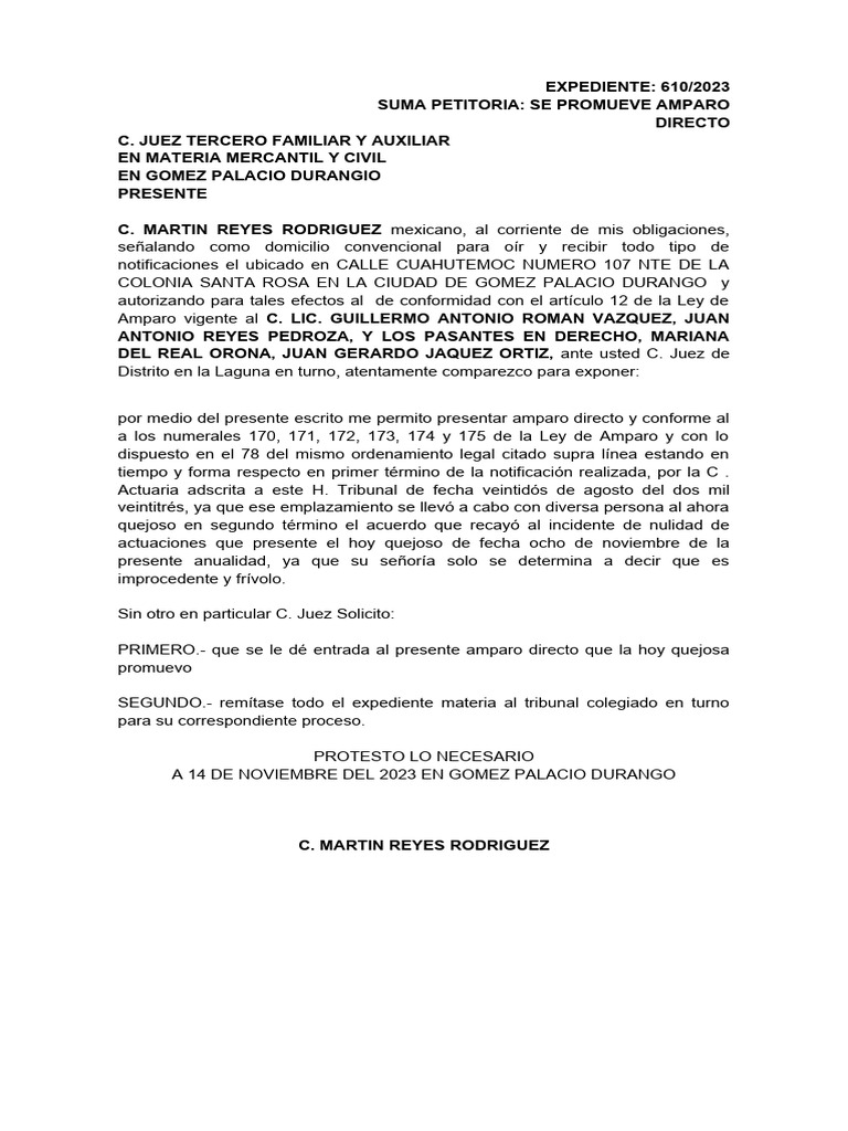 Amparo Directo 610/2023 en Durango | PDF | Sentencia (ley) | Caso de ley