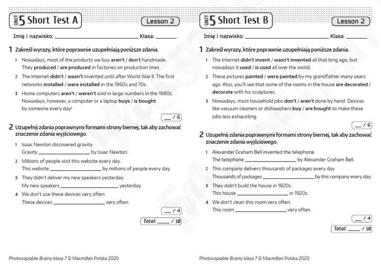 Mial Ktos Sprawdzian Z Anglika Unit 2 Kl7 Brainy kl7 Short Tests Unit 5 Lesson 2 | PDF | Information And