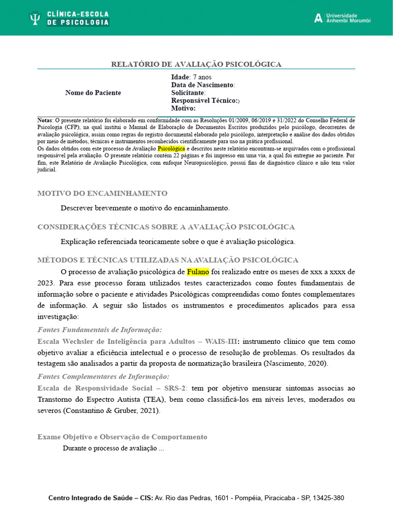 Modelo de Relatório de Avaliação Psicológica | Download grátis PDF ...