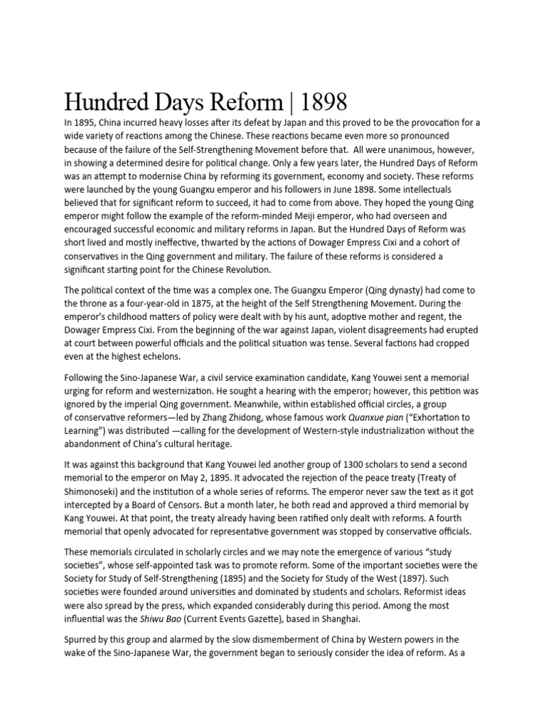 Hundred Days Reform PDF China World Politics