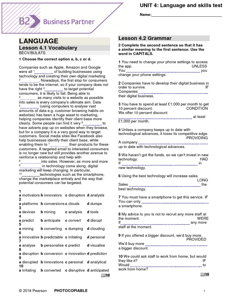 Bp B2 Tests Unit4 Pdf Human Communication Business