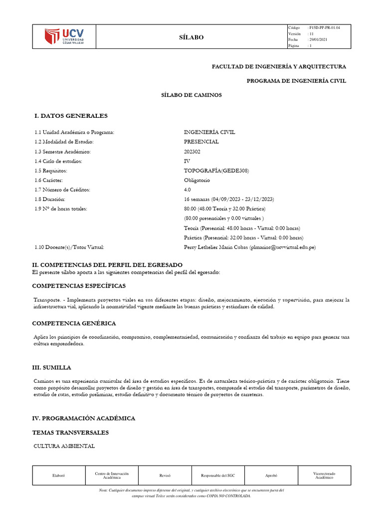 Silabo de Caminos | PDF | Curva | Aprendizaje