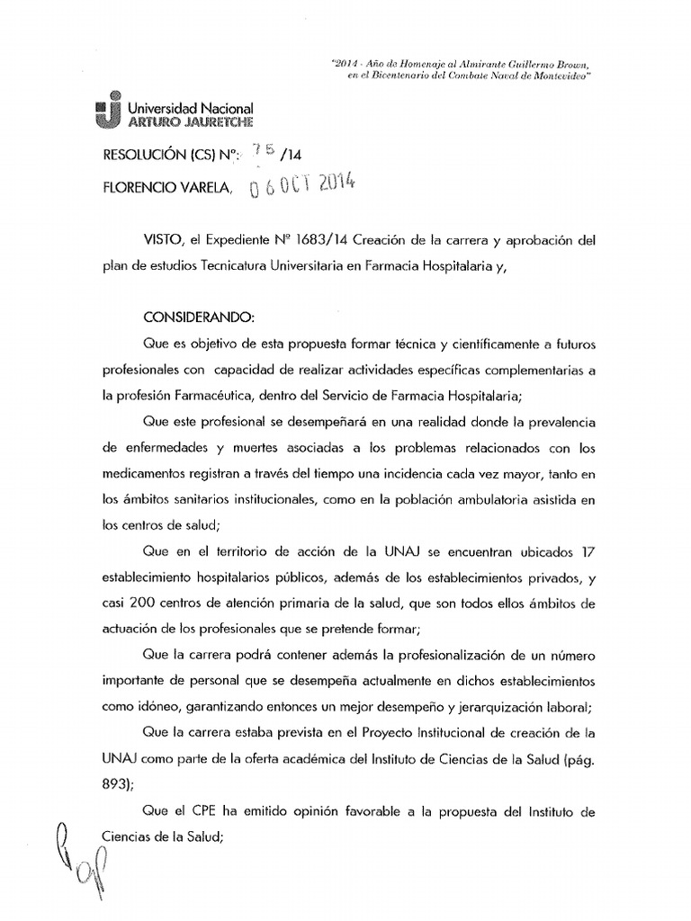 Res CS 75 14 Creacion Carrera y Plan de Estudios Tec. Farmacia Hosp. | PDF