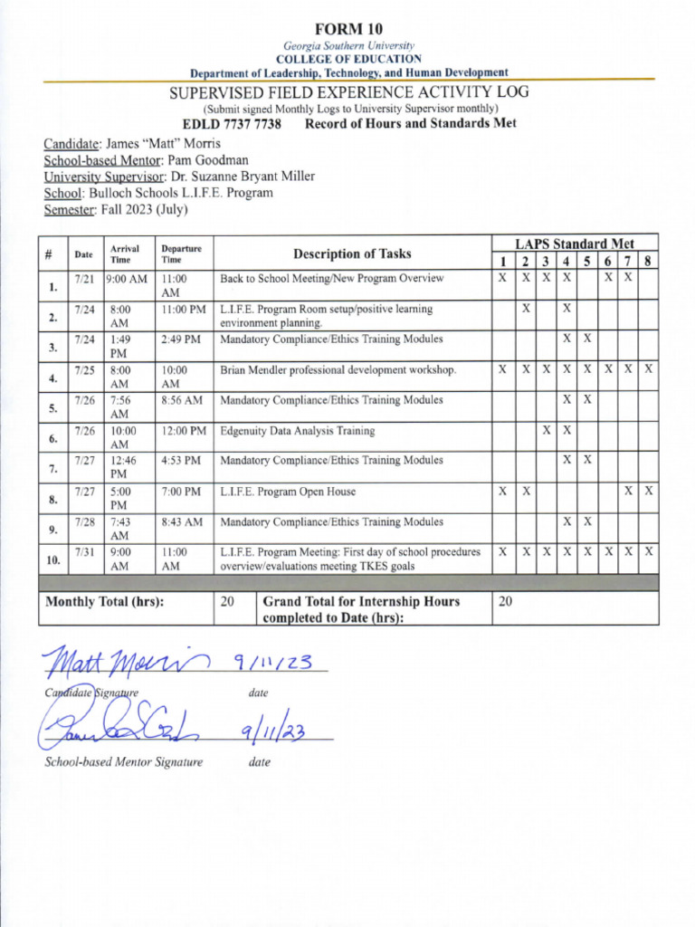 Form 10 July 2023 Field Experience Activity Log PDF