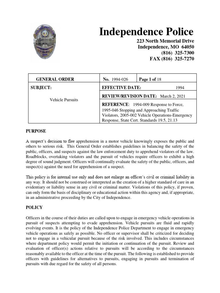 Independence Police Vehicle Pursuit Policy | PDF | Traffic | Police