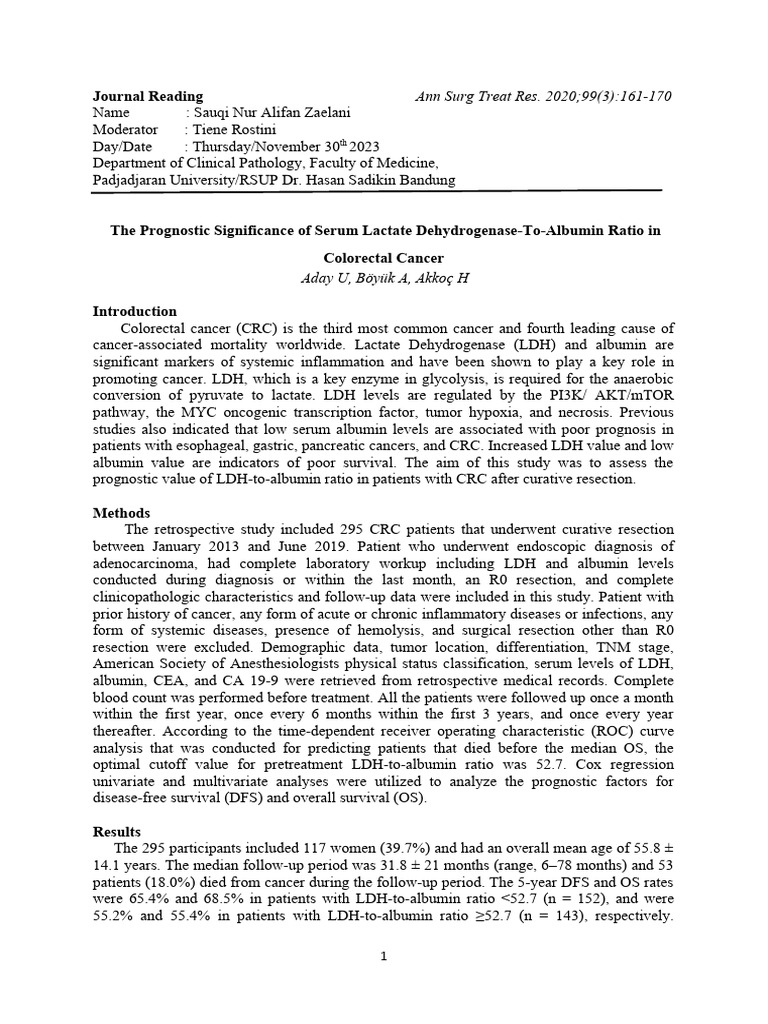 LDH Albumin and CRC Resume PDF Lactate Dehydrogenase Clinical