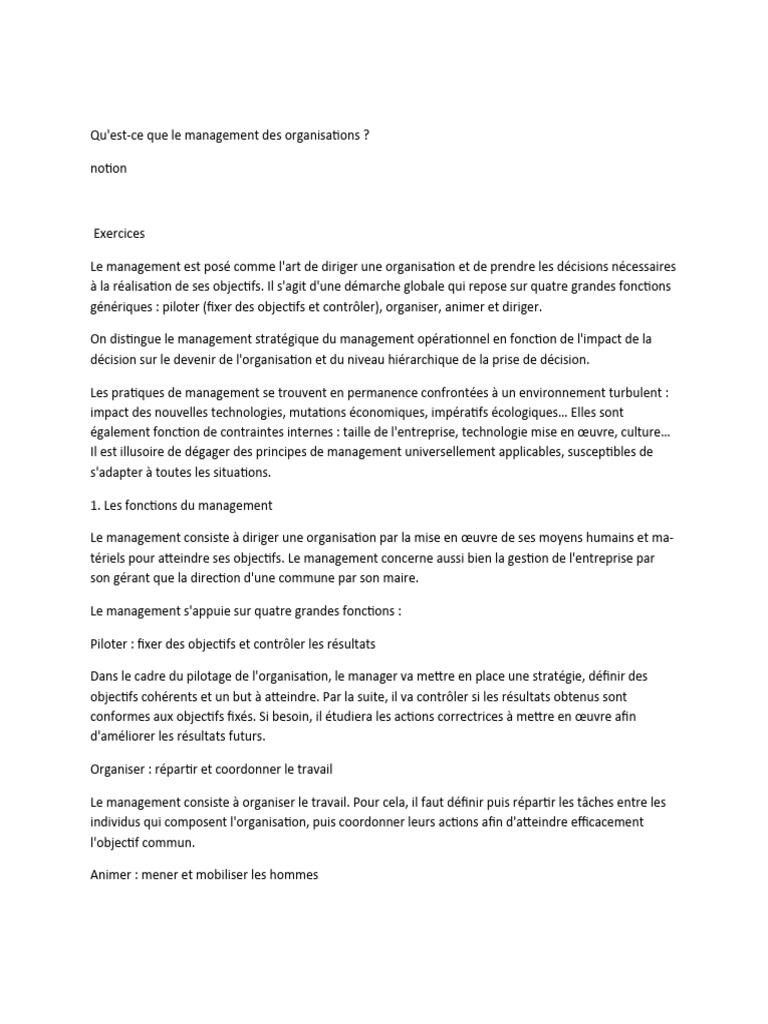 Définition et fonctions du management | PDF | Gestion stratégique ...