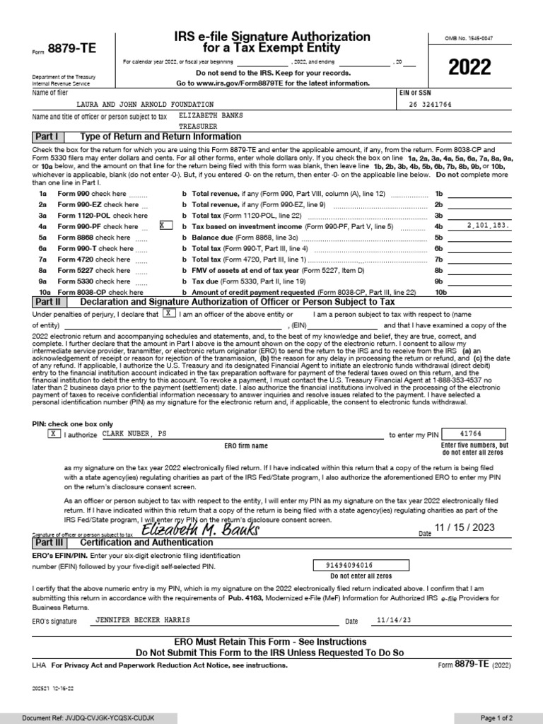 Laura and John Arnold Foundation 2022 Tax Forms, Obtained by Gabe