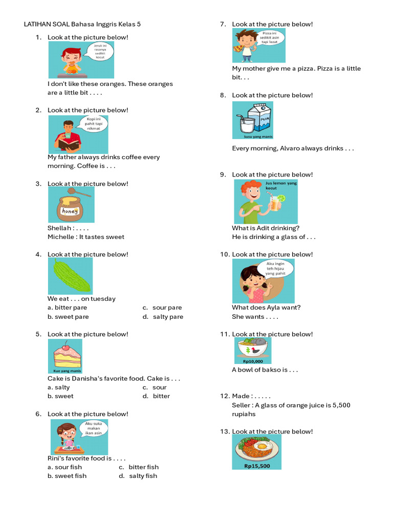 Soal Bahasa Inggris Kelas 5 Semester 1 | PDF | Taste | Cuisine