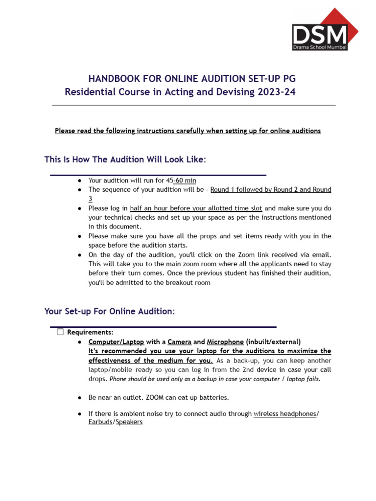 Applicant handbook for online audition set up 23 24 pdf camera
