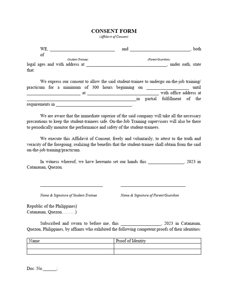 Parent Consent for OJT Training | PDF
