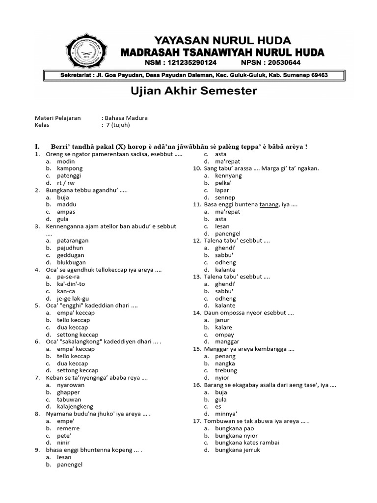 Soal Bahasa Madura Kelas 7 | PDF