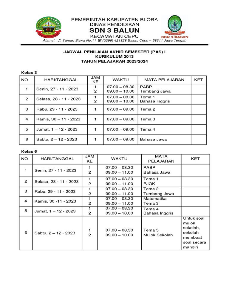 Jadwal PAS dan Sumatif SDN 3 Balun 2023 | PDF
