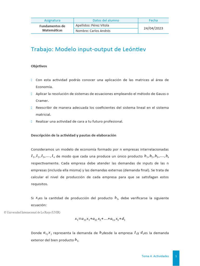 Modelo Input-Output de Leóntiev | PDF | Matriz (Matemáticas) | Modelo ...