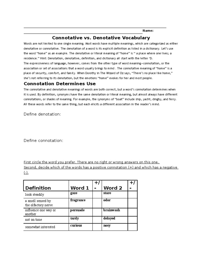 Connotation Worksheet