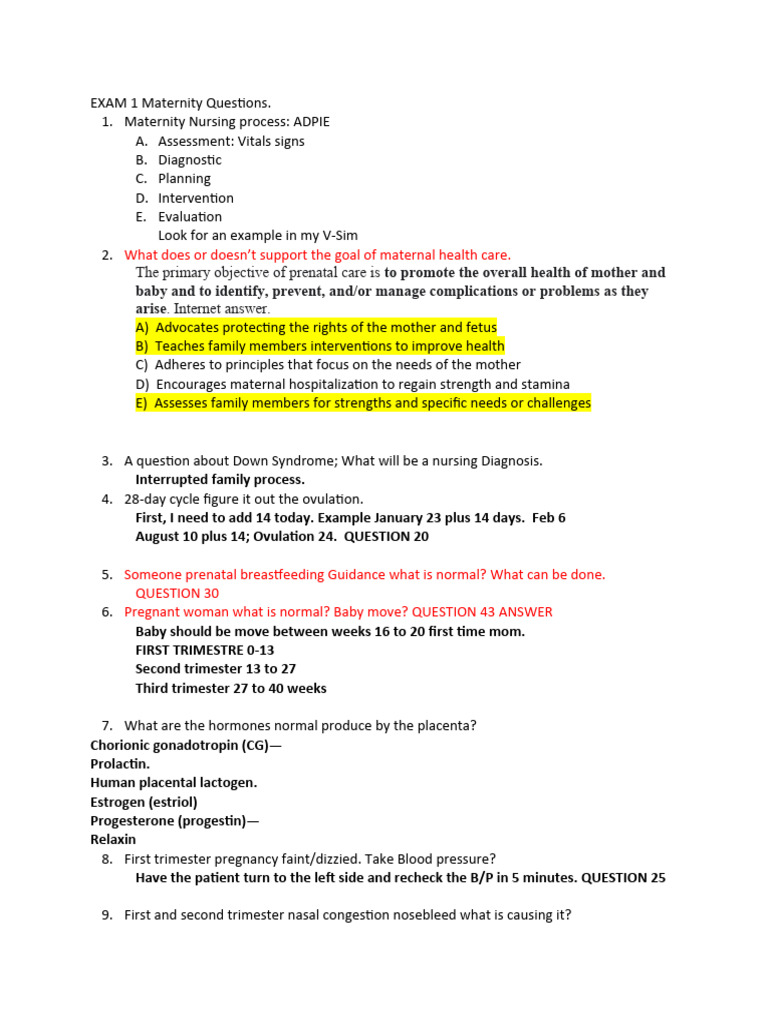 Maternity Exam 1: Key Questions & Answers | PDF | Pregnancy | Breastfeeding