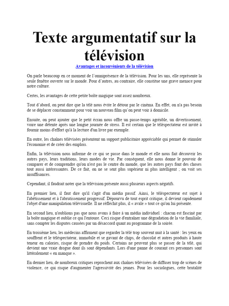 Texte Argumentatif Sur La Télévision-1 | PDF | Télévision