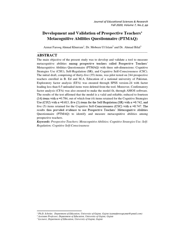 Validating a Metacognitive Abilities Questionnaire | PDF | Factor ...