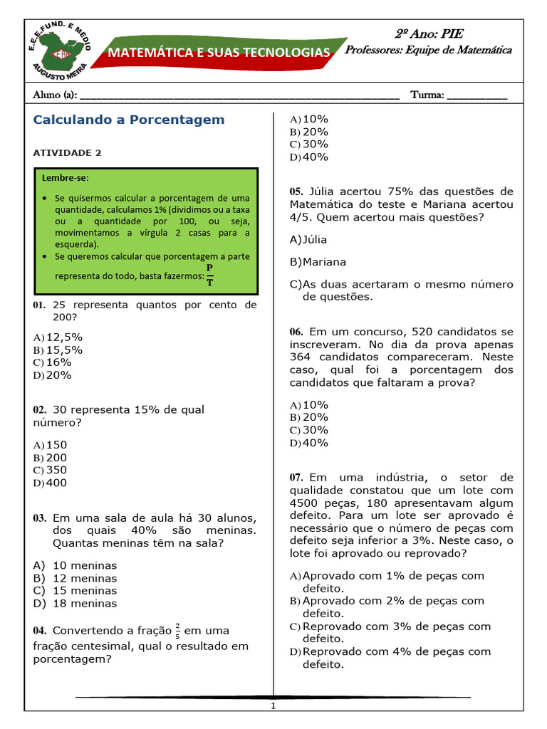 Atividades de Matemática: Porcentagem 2º Ano | PDF | Percentagem