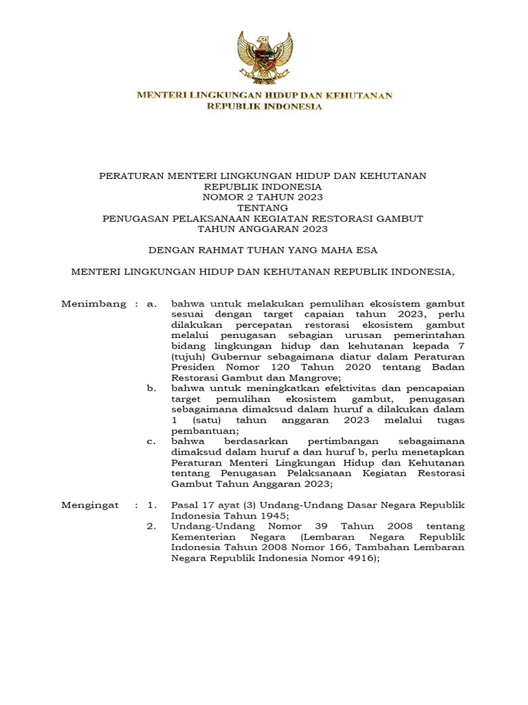 Permen No 2 Tahun 2023 Tentang Penugasan Pelaksanaan Kegiatan Restorasi