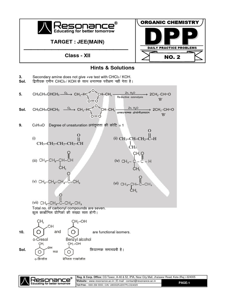 JEE Main Daily Practice Problems Solutions | PDF | Chemistry | Organic ...