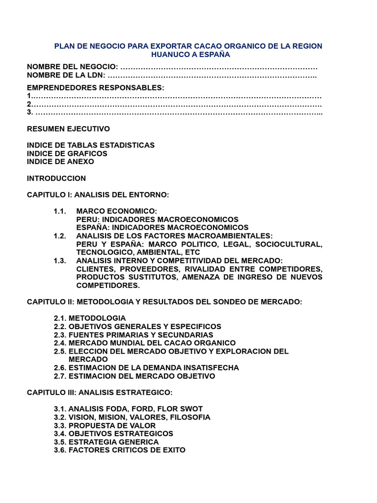 Plan De Negocio Para Exportar Cacao Organico De La Region Huanuco A