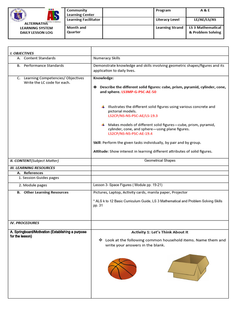 Daily Lesson Log: Solid Figures in Math | PDF | Learning | Shape