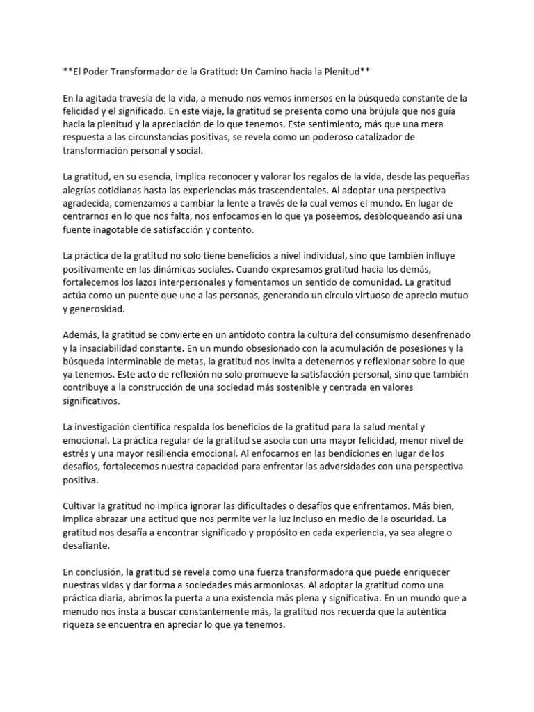 El Poder Transformador de La Gratitud | PDF | Gratitud | Felicidad