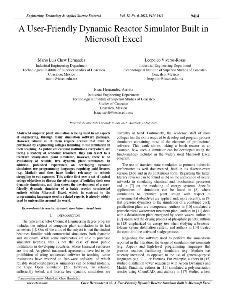 Excel-Based Dynamic Reactor Simulator | PDF | Simulation | Chemical Reactor