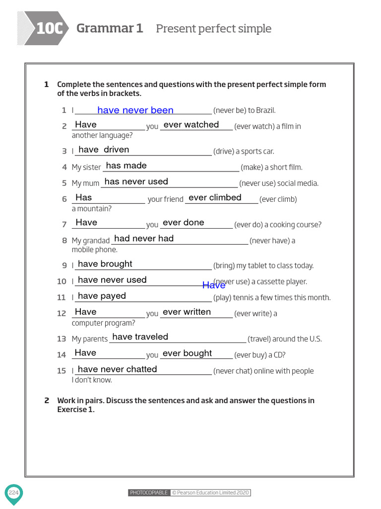 Present Perfect Simple Exercises | PDF | Language Mechanics | Syntax