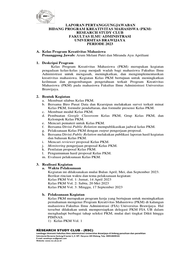 Laporan Kegiatan Kelas PKM 2023 | PDF | Karier & Perkembangan | Seni