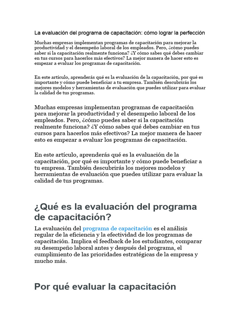 La Evaluación Del Programa de Capacitación | PDF | Evaluación | Business