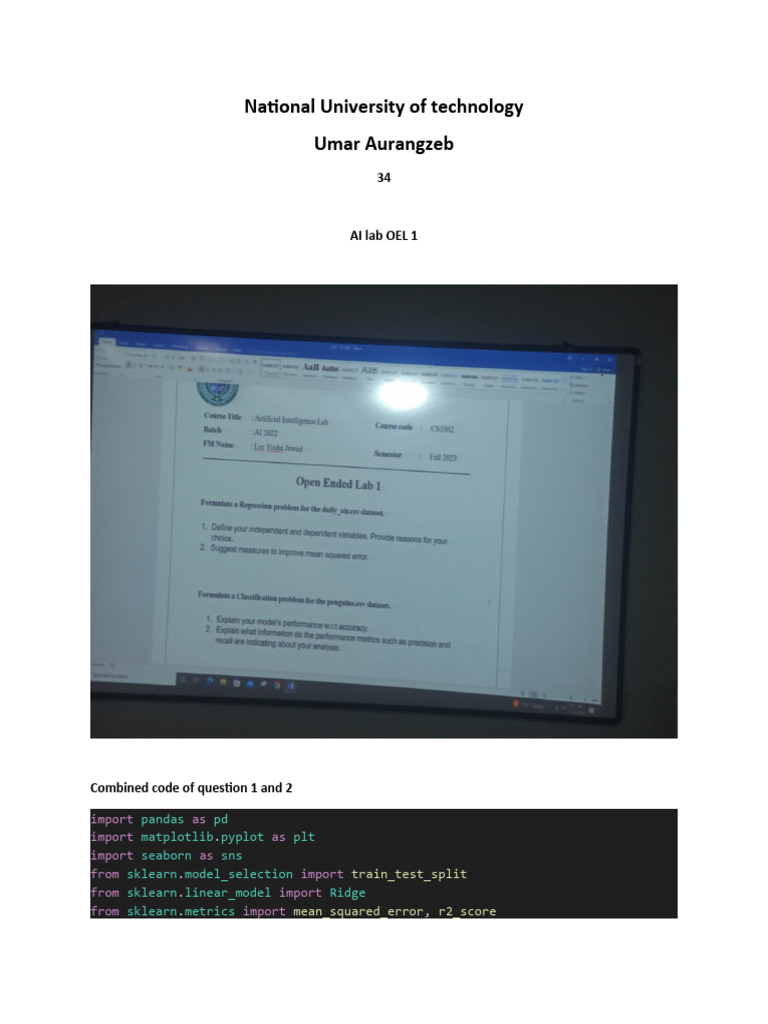 National University of Technology UA 34 LAB AI OEL 1 | PDF | Mean ...