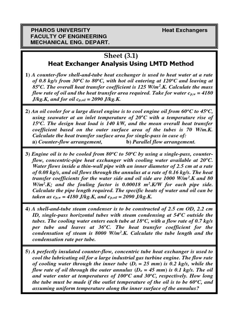 Sheet (3.1) Heat Exchangers Analysis Using LMTD Method PDF Heat