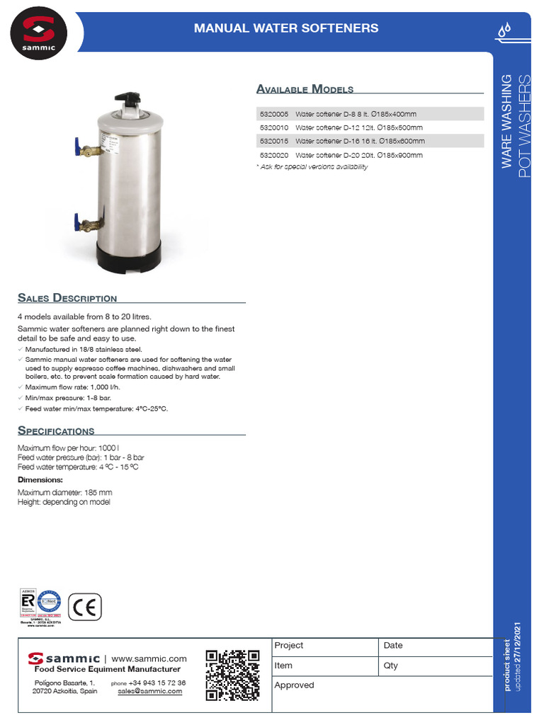 Sammic Manual Water Softeners Guide PDF Water Manufactured Goods(00)