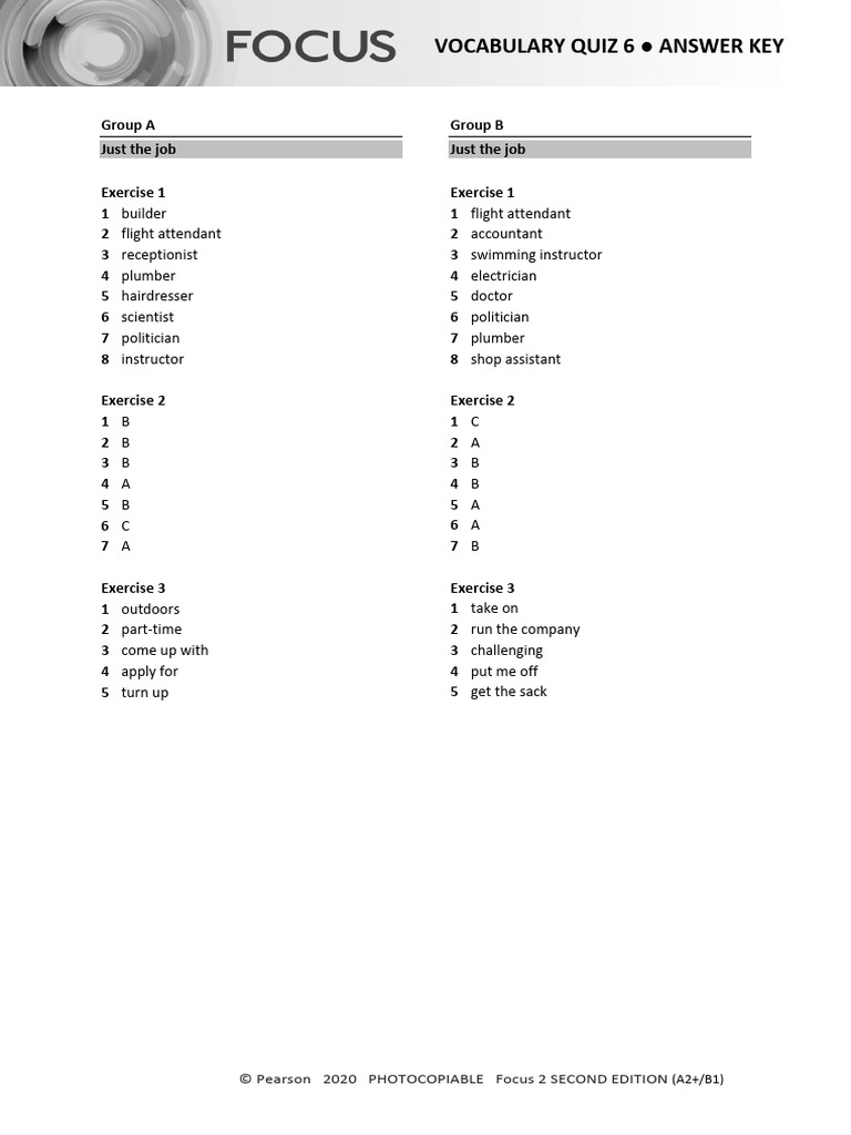 Focus2 2E Vocabulary Quiz Unit6 GroupA B ANSWERS | PDF