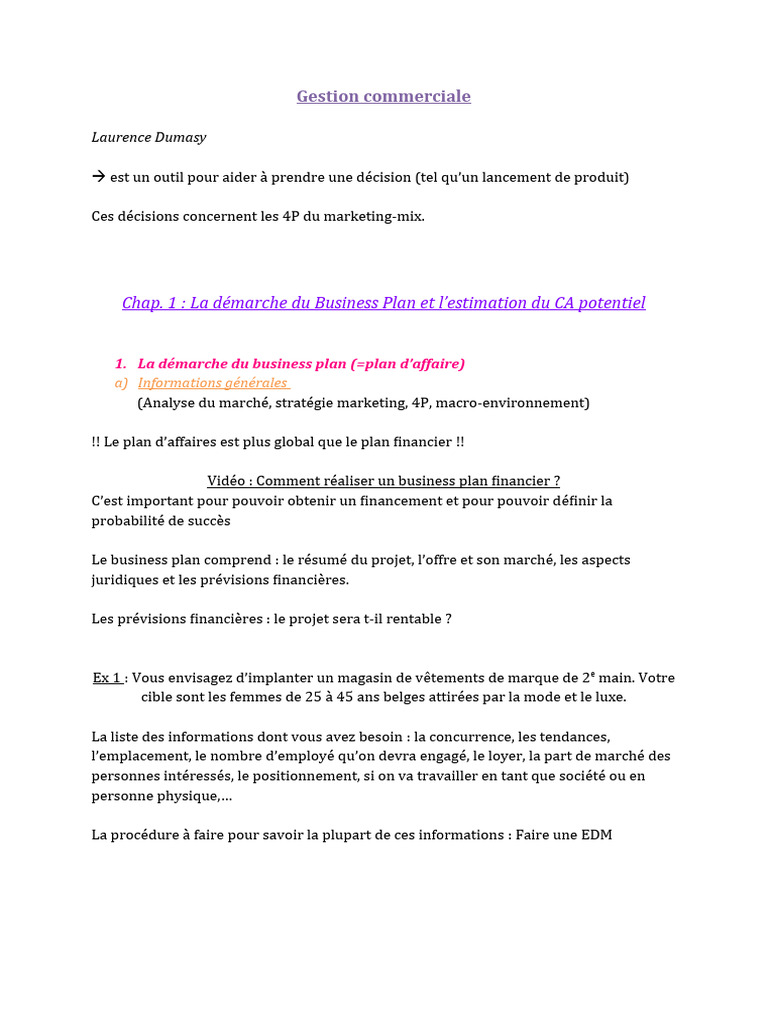 Gestion commerciale et prévisions financières | PDF | Plan d'affaires ...