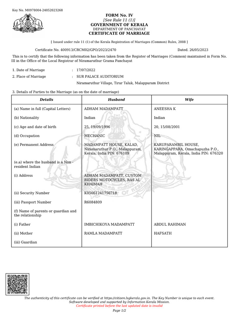 Kerala Marriage Certificate Details | PDF | Government And Personhood ...
